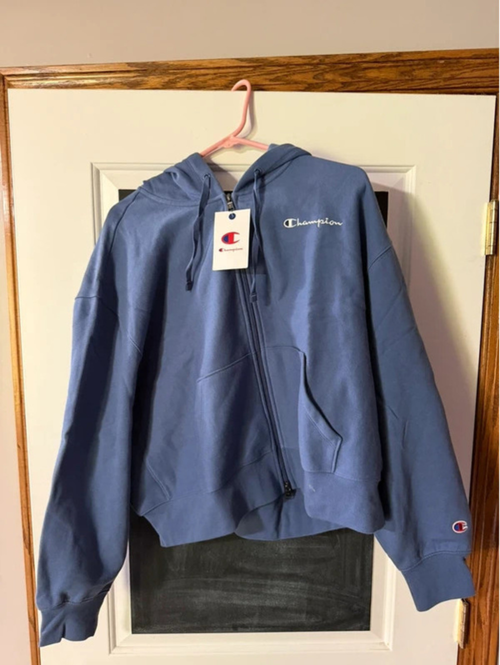 Champion Women’s 1X Iconic Cropped Full Zip Hoodie Gray Blue NWT
